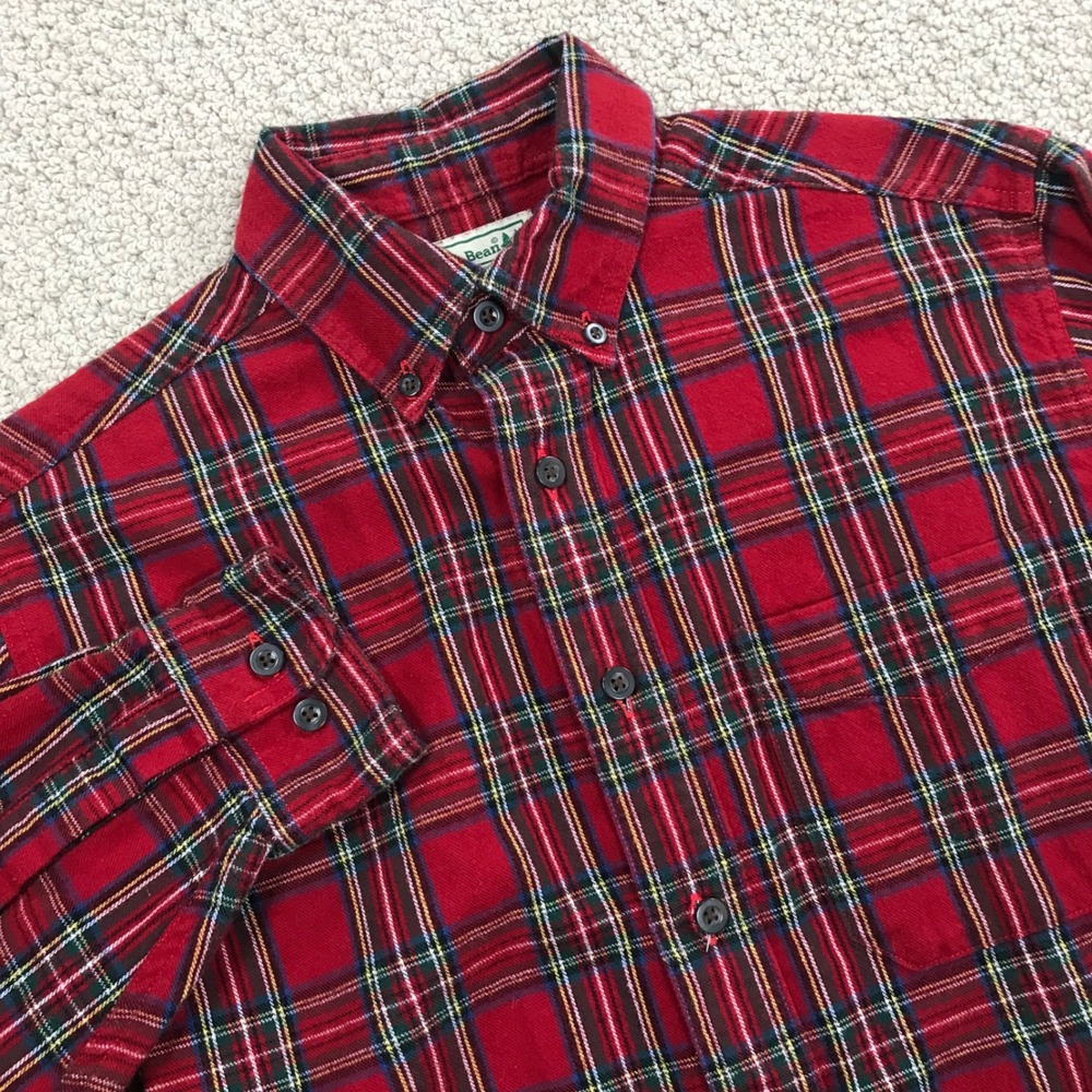LL Bean Mens Small Red Plaid Flannel Button Down Shirt Stewart Tartan 228061
